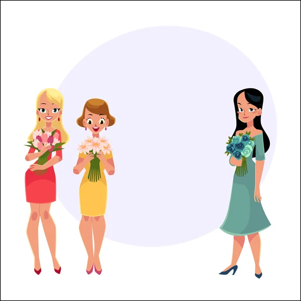 Three beautiful women, girls, friends standing, holding bunches of flowers — Stock Vector