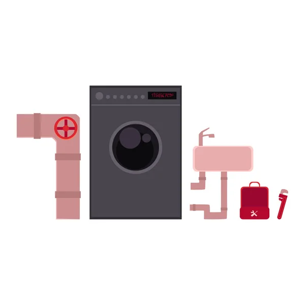 Werkzeuge und Gegenstände des Klempners - Kanalrohr, Waschschüssel, Waschmaschine — Stockvektor