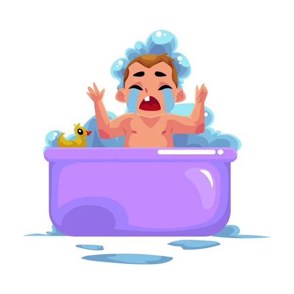 Ребенок, младенец, плачущий в ванной, не желающий мыться — стоковый вектор