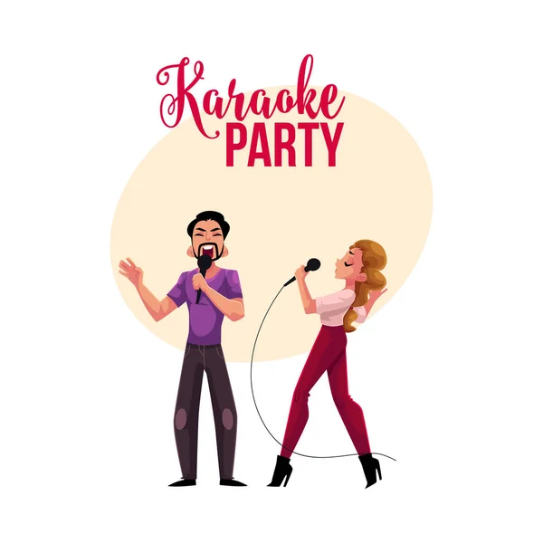 KaraokeParty wedstrijd spandoek, poster, briefkaart ontwerp met zangeres paar — Stockvector