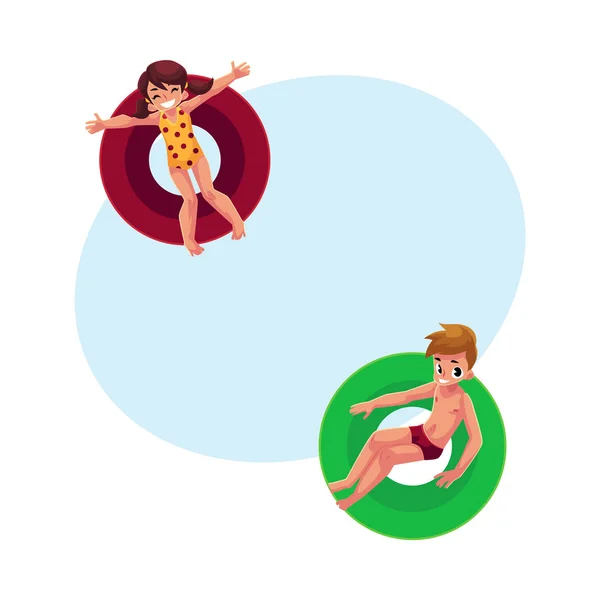 男の子と女の子、子供フローティング、泳いでインフレータブル リング — ストックベクタ