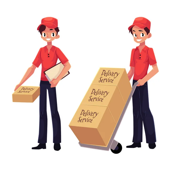 Correio, serviço de entrega trabalhador segurando pacote, empurrando dolly com caixas — Vetor de Stock
