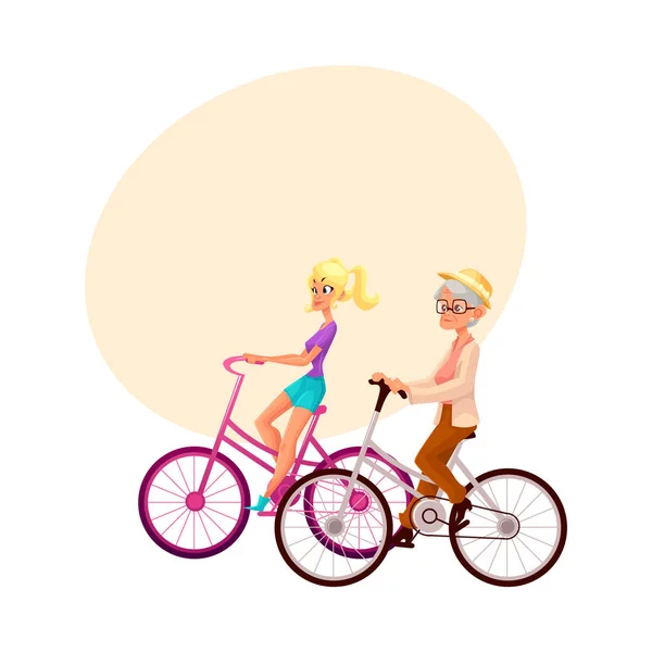 Vieille et jeune femme à vélo, vélo ensemble — Image vectorielle