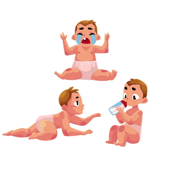 Schattige kleine baby jongen, baby acties - kruipen, eten, huilen — Stockvector