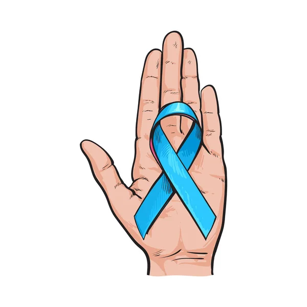 Blue ribbon, prostatacancer medvetenhet symbol, över öppen hand palm — Stock vektor