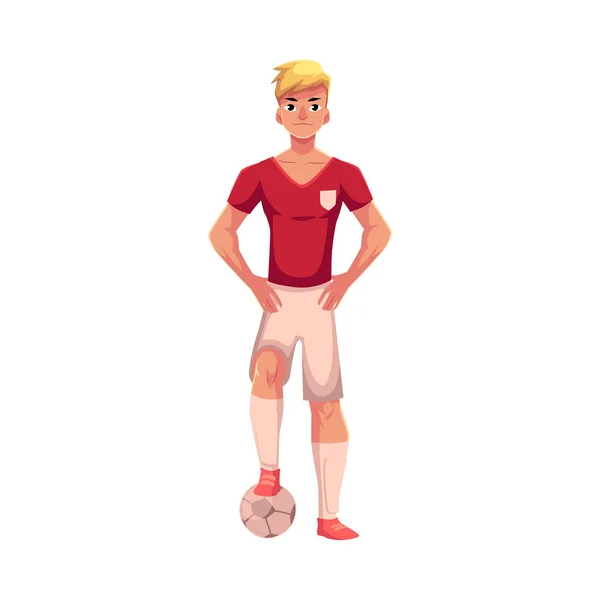 Футболист в форме стоя одной ногой на футбольном мяче — стоковый вектор