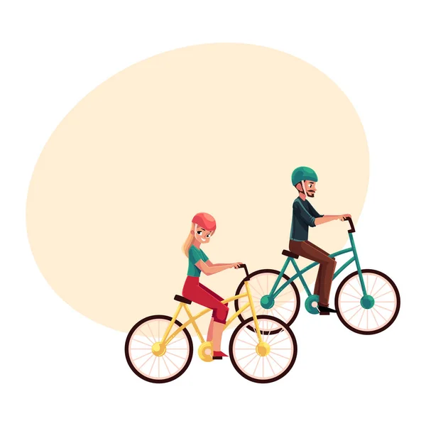 若いカップル、男性と女性、自転車に乗ってサイクリング ヘルメットで — ストックベクタ
