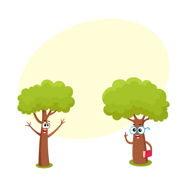 Dois personagens engraçados árvore, em óculos segurando livro, levantando ramos — Vetor de Stock
