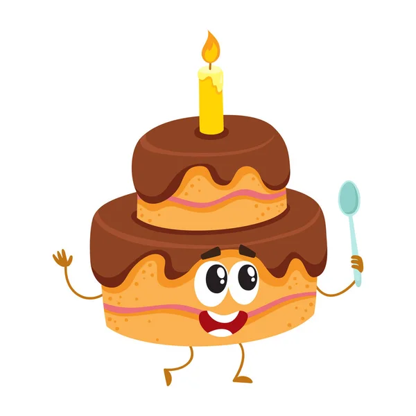 Personagem de bolo de festa de aniversário com rosto humano sorridente e vela —  Vetores de Stock