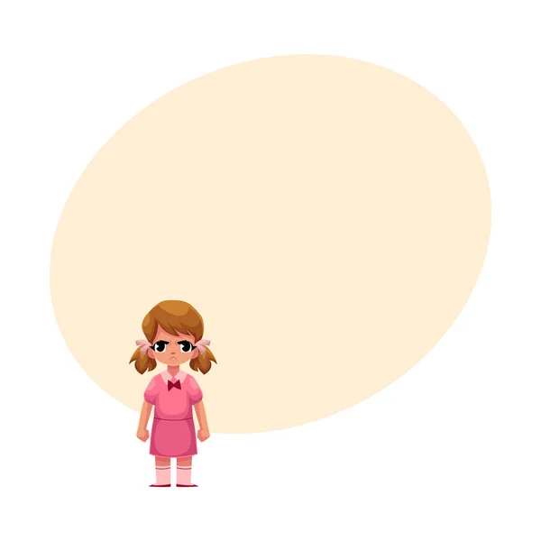 Liten flicka i rosa klänning stående med ser, arga ansikte — Stock vektor