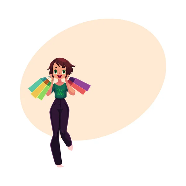 Menina caucasiana feliz, mulher com sacos de compras, conceito de venda de férias — Vetor de Stock