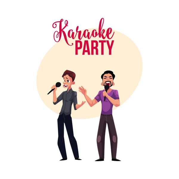 Karaoke party, contest banner, poster with two men singing together — Stock Vector