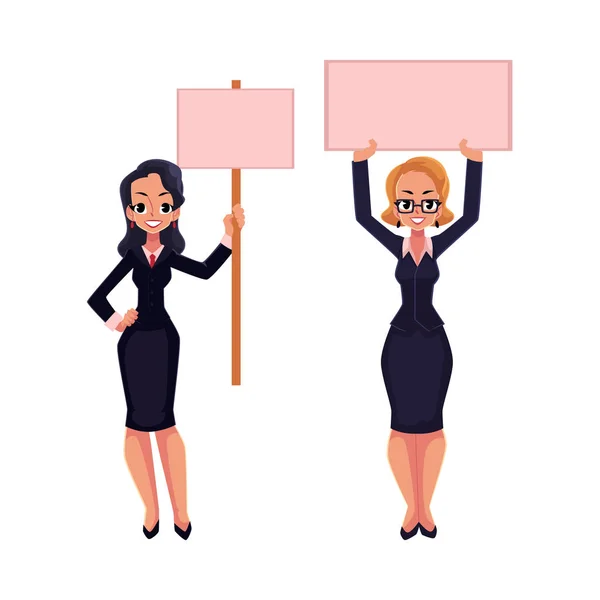 Twee meisjes, vrouwen, vrouwelijke ondernemers in staking bedrijf leeg teken planken — Stockvector