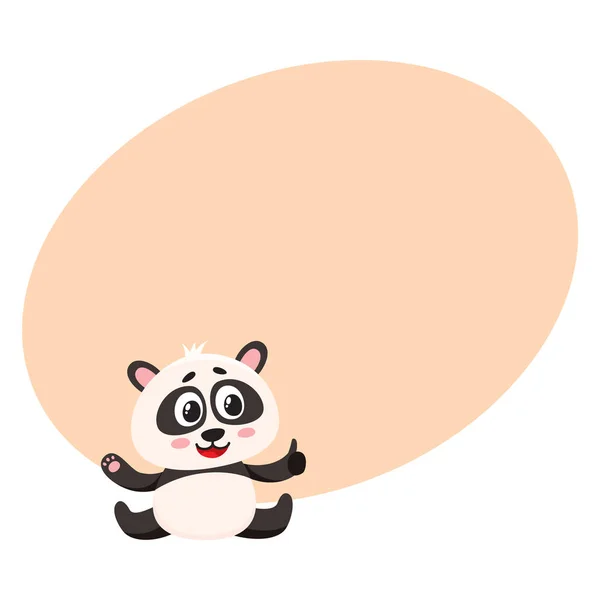 Cute smiling baby panda character sitting, showing thumb up — Stock Vector