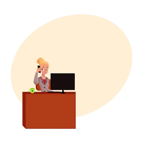 Joven mujer de negocios rubia, secretaria contestando teléfono, llamando a la mesa de la oficina — Vector de stock