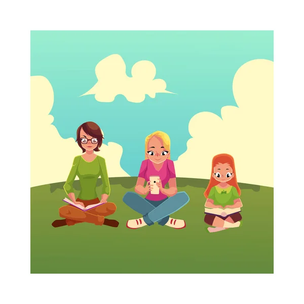 Ensemble de filles lisant des livres et utilisant le téléphone mobile — Image vectorielle