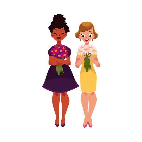 Deux femmes, filles, noires et caucasiennes, tenant des grappes de fleurs — Image vectorielle