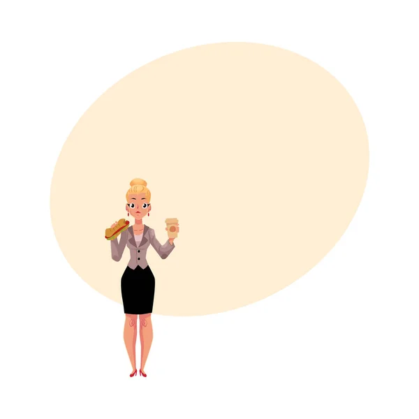 Νεαρή ξανθιά επιχειρηματίας που τρώει σάντουιτς, εκμετάλλευση Καφές Κύπελλο, μεσημεριανό διάλειμμα — Διανυσματικό Αρχείο