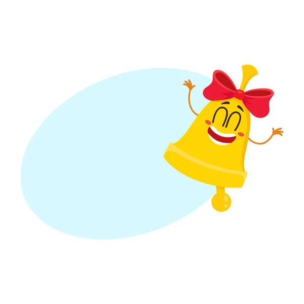 Mignon, drôle souriant caractère de cloche d'école d'or avec ruban rouge — Image vectorielle