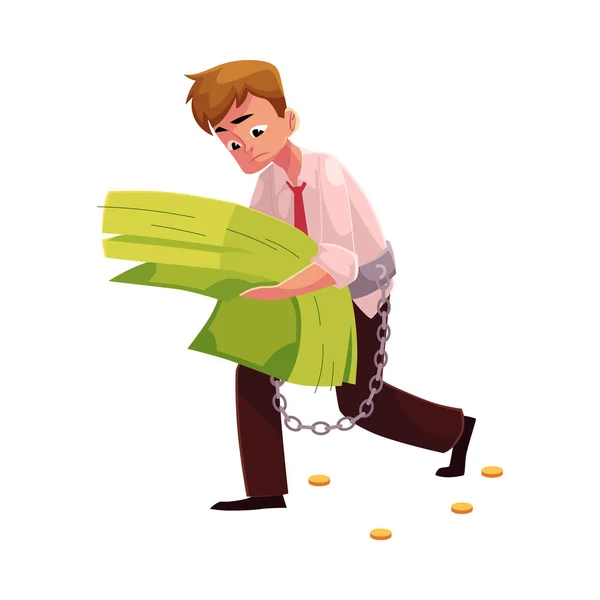 Man carrying bundle of banknotes in his hands, money dependence — Stock Vector