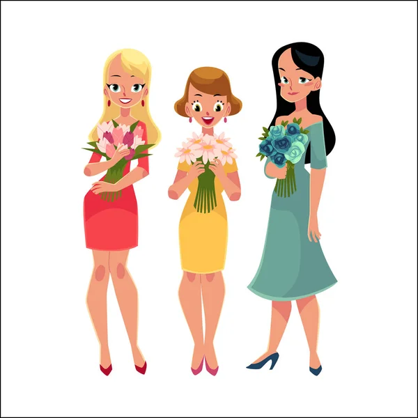 Tres hermosas mujeres, niñas, amigos de pie, sosteniendo racimos de flores — Vector de stock