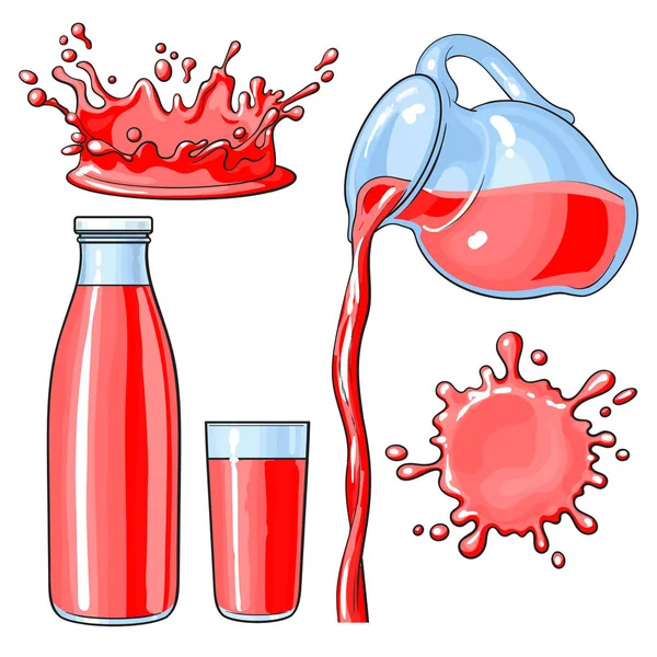 Salpicar y verter jugo de bayas púrpura en botella, vidrio, jarra — Vector de stock