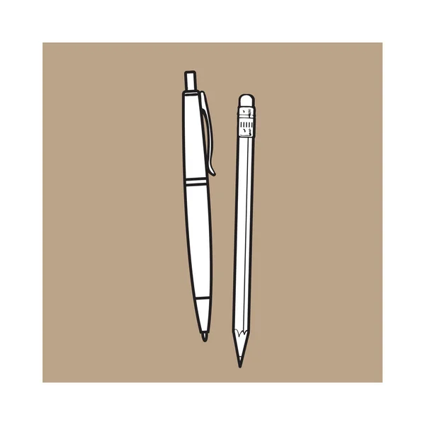 Einfacher handgezeichneter Kugelschreiber und Bleistift, Bürobedarf — Stockvektor
