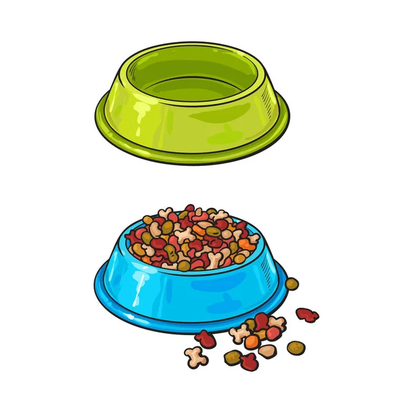 Cuencos de plástico, vacíos y llenos de mascotas, gatos, comida para perros — Vector de stock