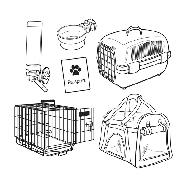 Sketch, hand drawn pet transport, travel set on white background — Stock Vector