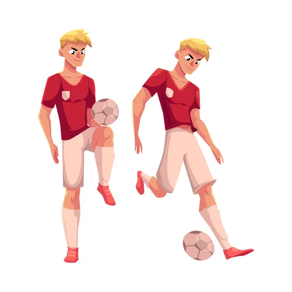 Knappe blonde voetballer in uniforme status met voetbal bal — Stockvector