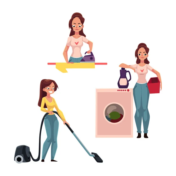 Mujer, ama de casa haciendo tareas planchado, lavado, limpieza al vacío, pisos de limpieza — Archivo Imágenes Vectoriales