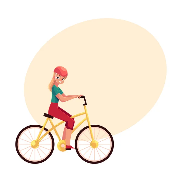 Όμορφη ξανθιά γυναίκα, κορίτσι ιππασία ποδήλατο, ποδηλασία — Διανυσματικό Αρχείο