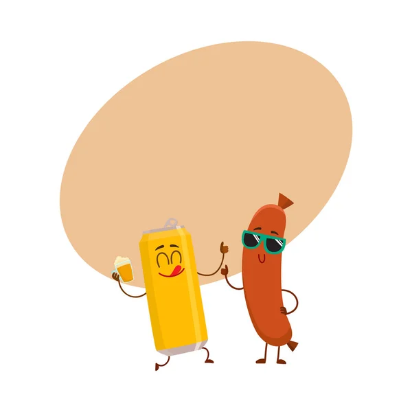 Bière drôle peut et personnages de saucisses frankfurter s'amuser ensemble — Image vectorielle