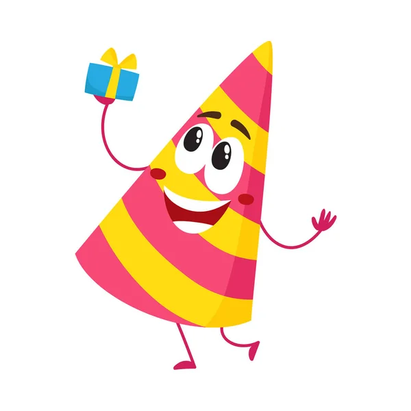 Personagem de chapéu de festa de aniversário com rosto humano sorridente segurando presente —  Vetores de Stock