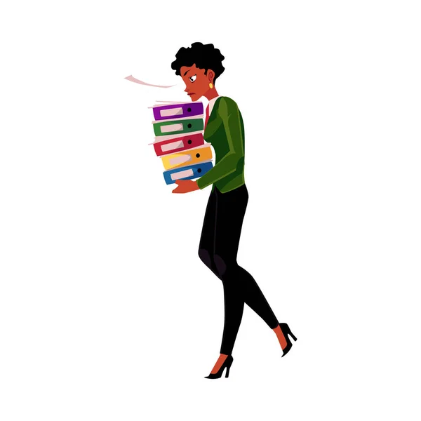 Black, African American businesswoman, woman carrying heavy document folder pile — Stock Vector