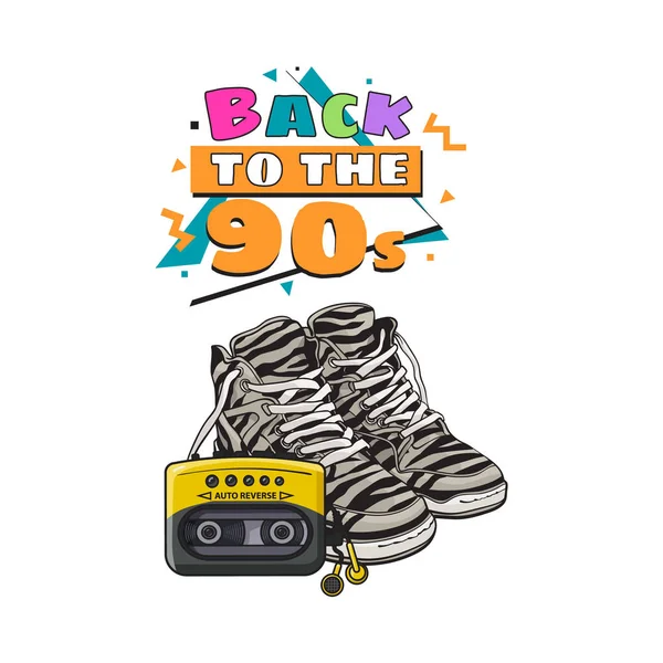 Atrybuty stylu retro - zebra trampki, buty sportowe i odtwarzacz audio — Wektor stockowy