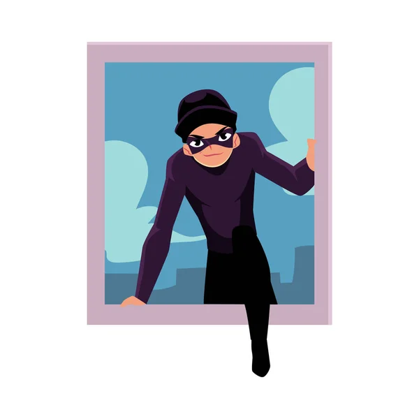 Ladrão, ladrão disfarçado de preto a entrar em casa pela janela — Vetor de Stock