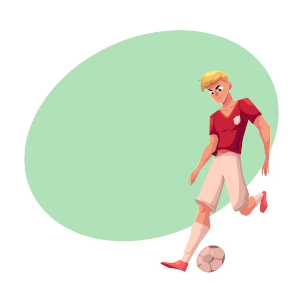 Красивая блондинка, футболист в форме, пускающий мяч. — стоковый вектор