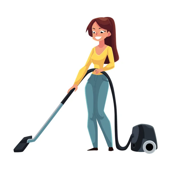 Wanita muda cantik, ibu rumah tangga membersihkan rumah dengan vacuum cleaner - Stok Vektor