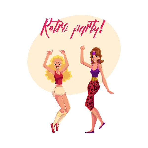 Banner de fiesta retro disco, invitación con dos chicas de estilo 1980 — Vector de stock