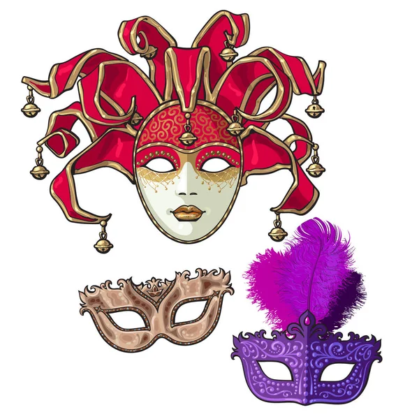 Conjunto de tres máscaras de carnaval venecianas decoradas con plumas y campanas — Vector de stock