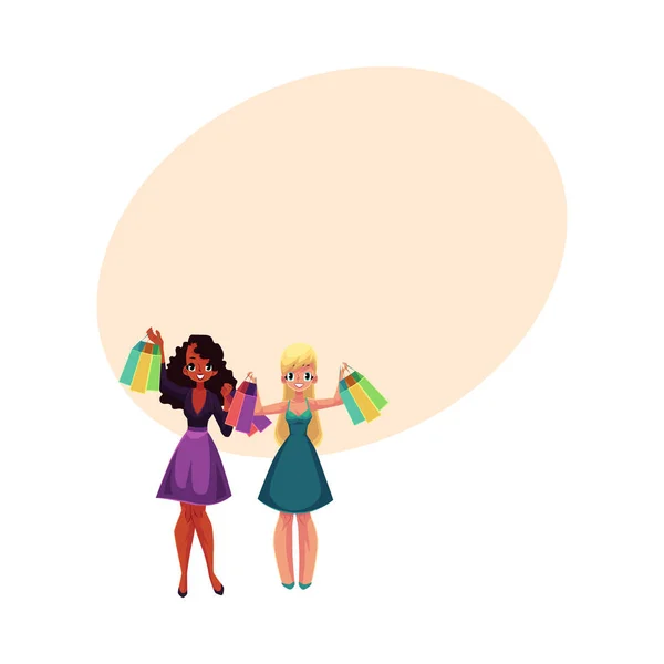 Gelukkig zwarte en blanke vrouwen, meisjes, vrienden met shopping tassen — Stockvector