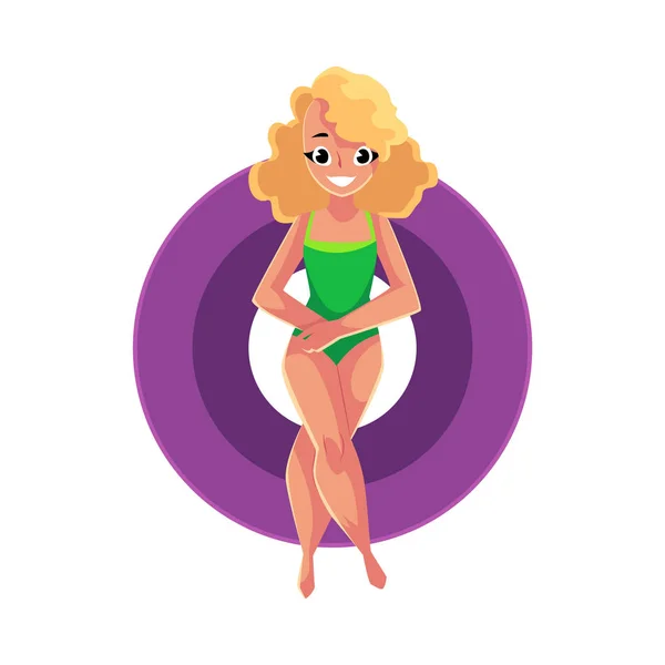 Chica rubia, mujer en traje de baño de una pieza en anillo inflable — Vector de stock