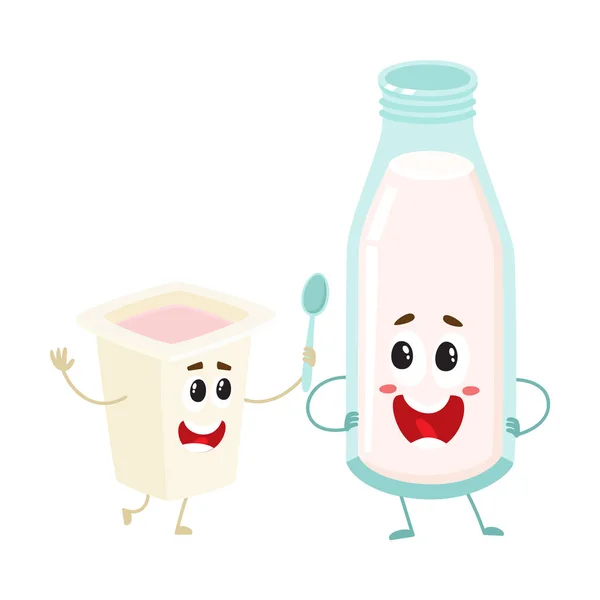 Botella de leche divertida, personajes de taza de yogur con caras humanas sonrientes — Vector de stock