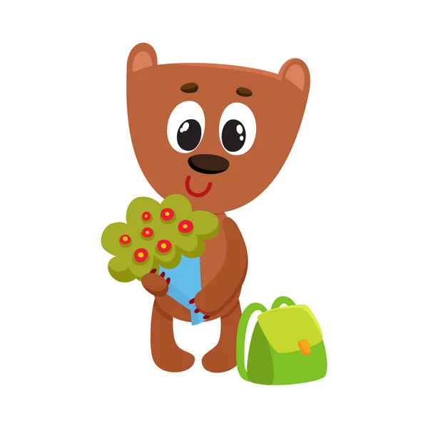 Teddy bear student character with backpack holding bunch of flowers — Stock Vector