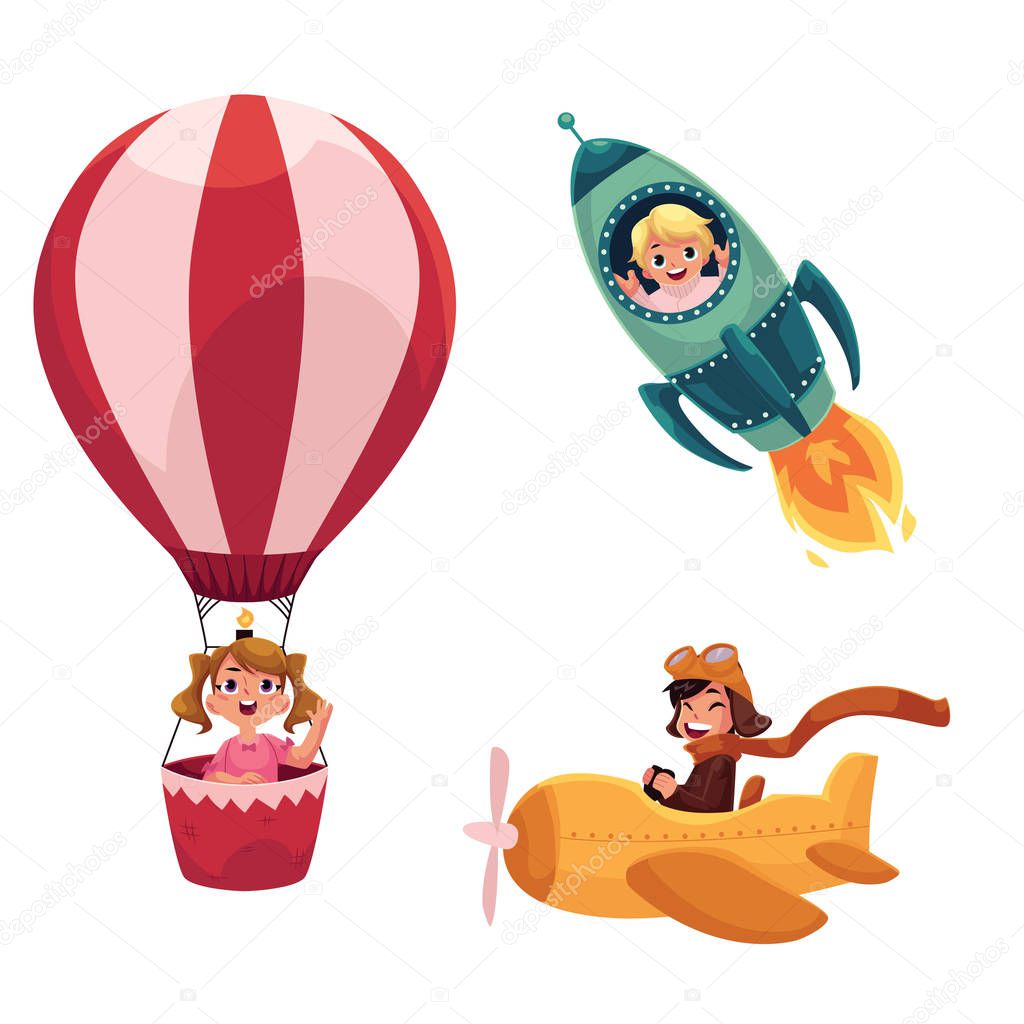 Kids, children flying in aircrafts - plane, rocket, hot air balloon