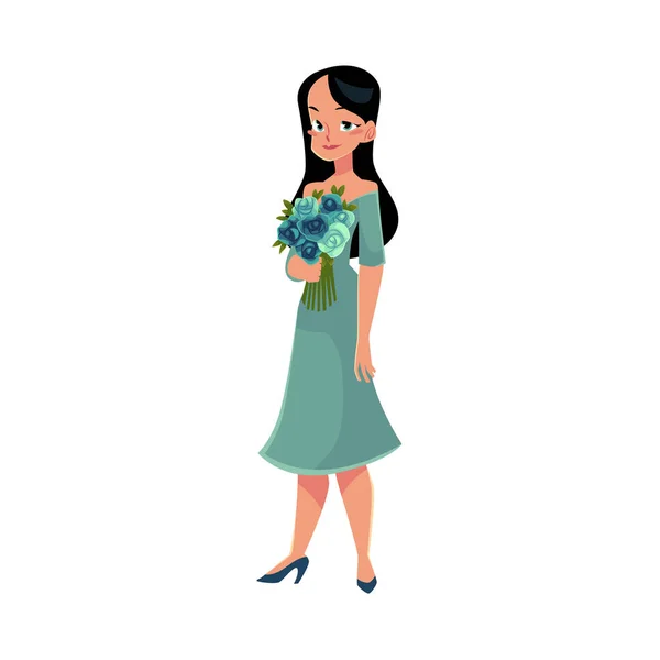 Mulher bonita, menina, noiva com cabelo preto longo segurando monte de rosas — Vetor de Stock