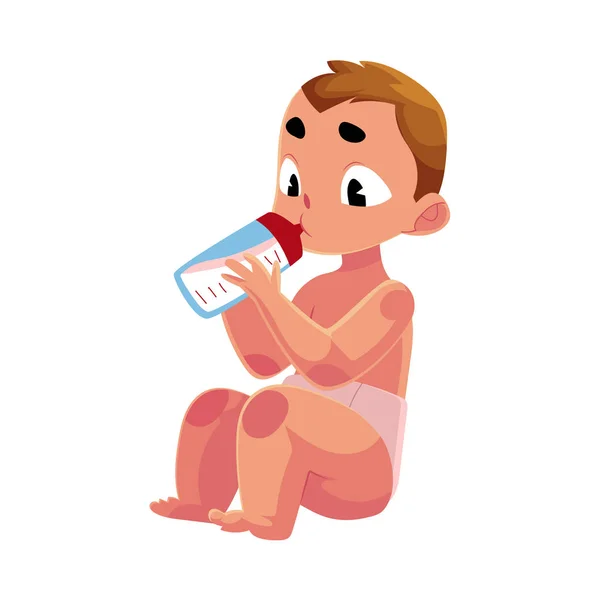 Criança, bebê, criança em fralda segurando garrafa de leite, comendo — Vetor de Stock