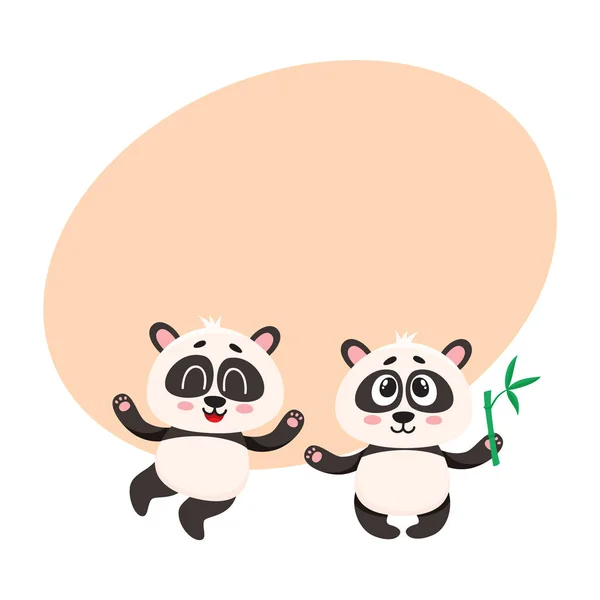 Two cute happy baby panda characters with paws raised up — Stock Vector