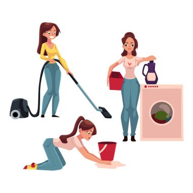 Woman, housewife doing chores - ironing, washing floor, vacuum cleaning clipart